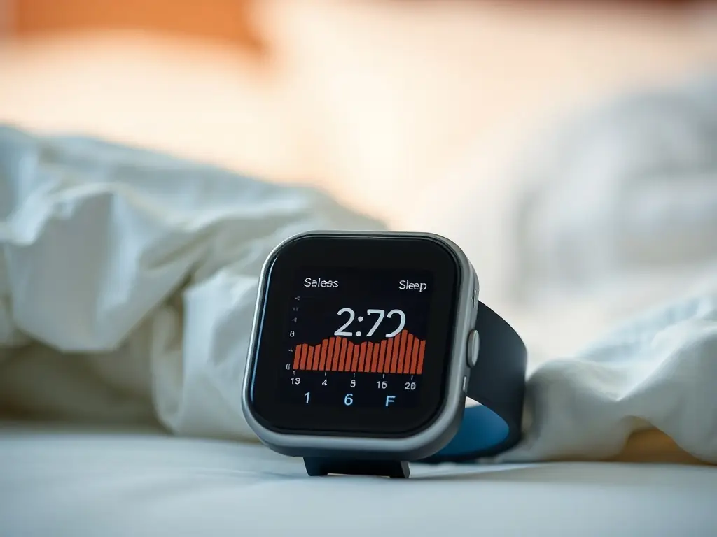 A close-up shot of a fitness tracker on a wrist, showing sleep tracking data on its display, with a cozy bedroom setting in the background.