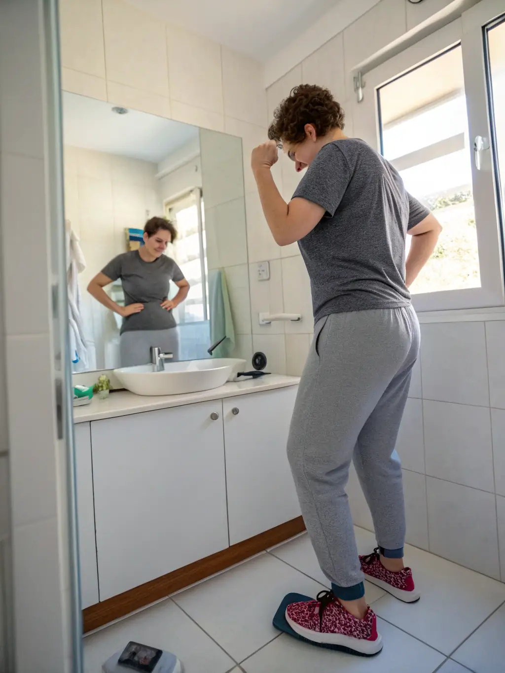 A person using a smart scale that measures body composition, with data displayed on a smartphone app. The setting is a clean, modern bathroom, highlighting the convenience of the device.
