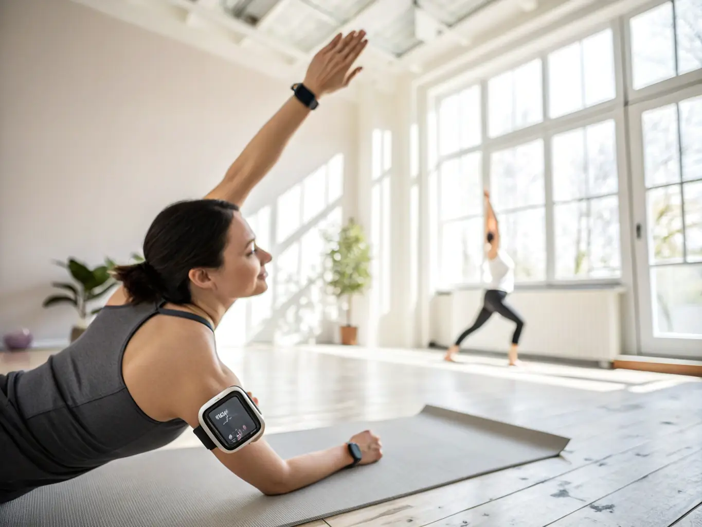 An image of a person wearing a smart ring during a yoga session, with a focus on the ring's discreet design and integration with a wellness app on a nearby tablet.