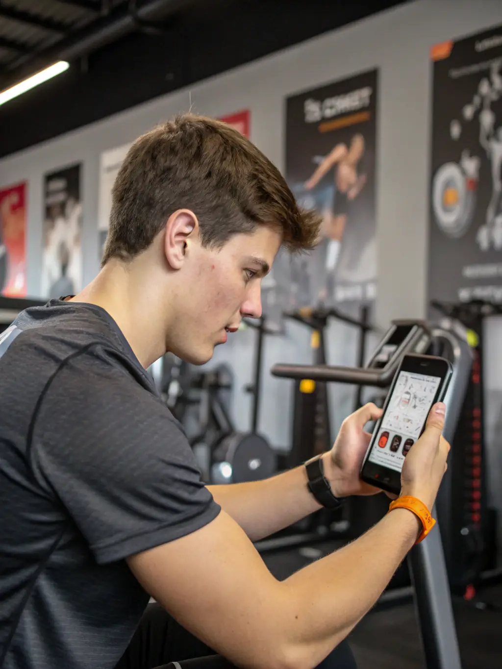 A fitness coach interacting with a virtual AI assistant on a smartphone, asking for insights on client performance and engagement.