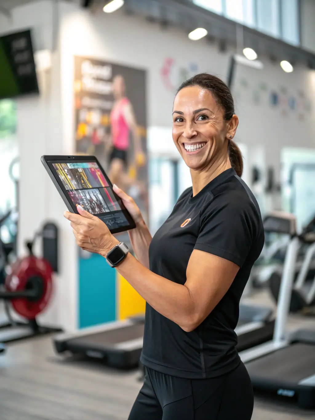 A fitness coach using an AI-powered workout planning app on a tablet, smiling confidently as they review a client's personalized training schedule.
