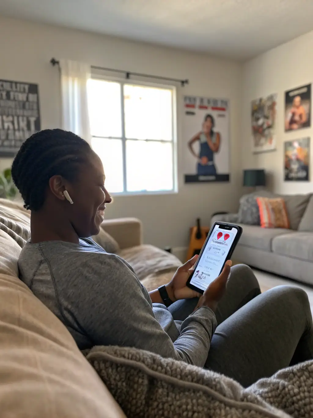 A fitness coach using a sleep tracking app on their smartphone, showing sleep stages and recommendations. The background is a dimly lit bedroom, emphasizing the importance of sleep for recovery.