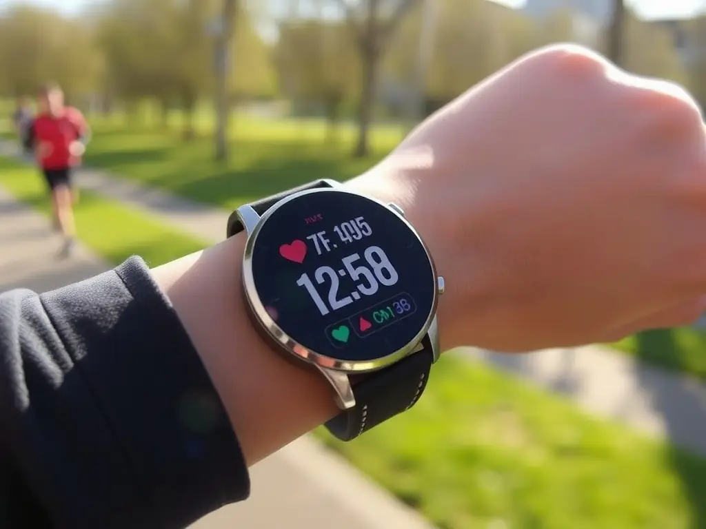 A high-resolution image of a sleek smartwatch displaying heart rate and step count during a morning run, set against a blurred urban background.