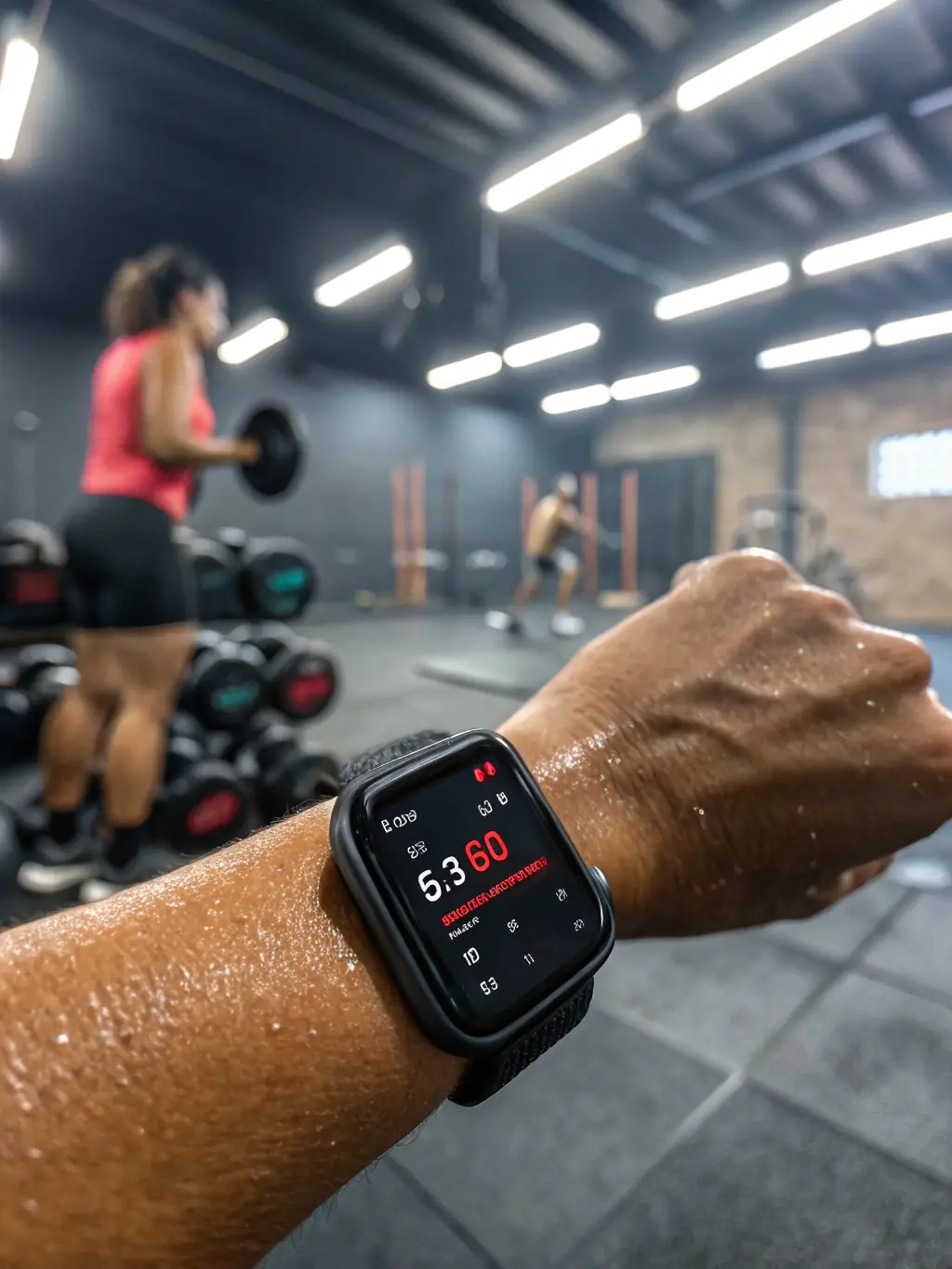 A fitness coach using a wearable device to monitor a client's heart rate and other vital signs during a workout session.