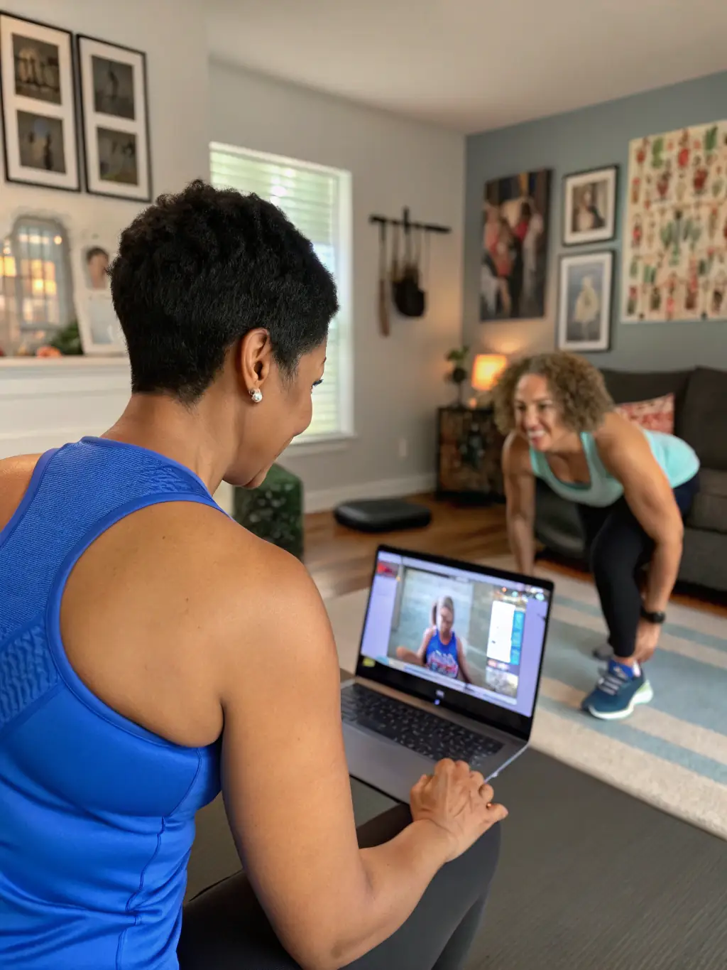 A fitness coach wearing a VR headset, demonstrating a virtual reality fitness program to a client.