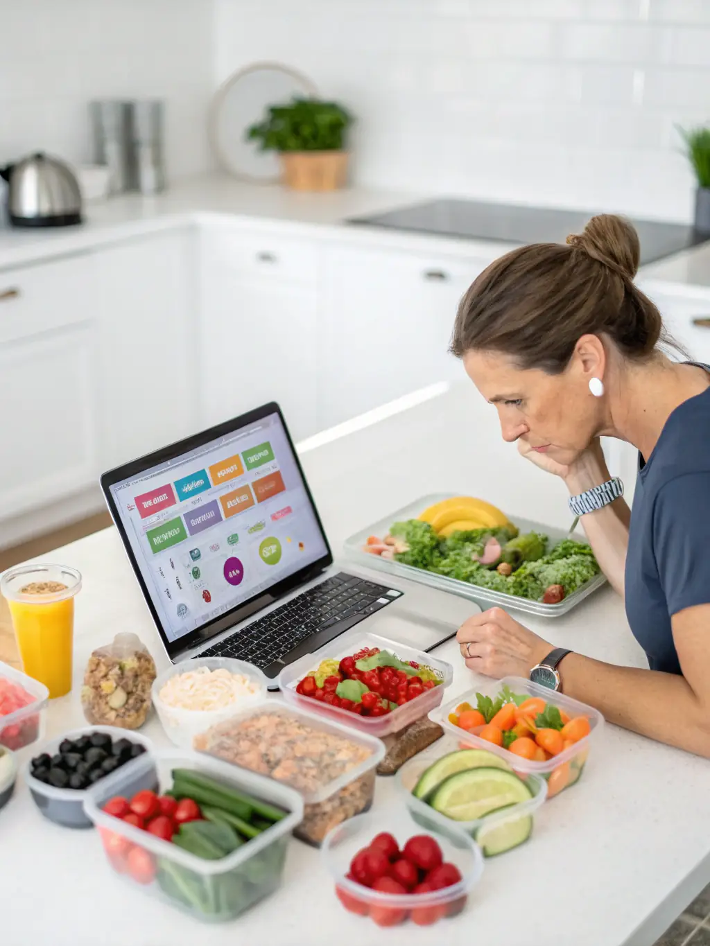 A fitness coach analyzing client's nutrition data on a laptop using an AI-powered nutrition analysis software, with a focus on data visualization.